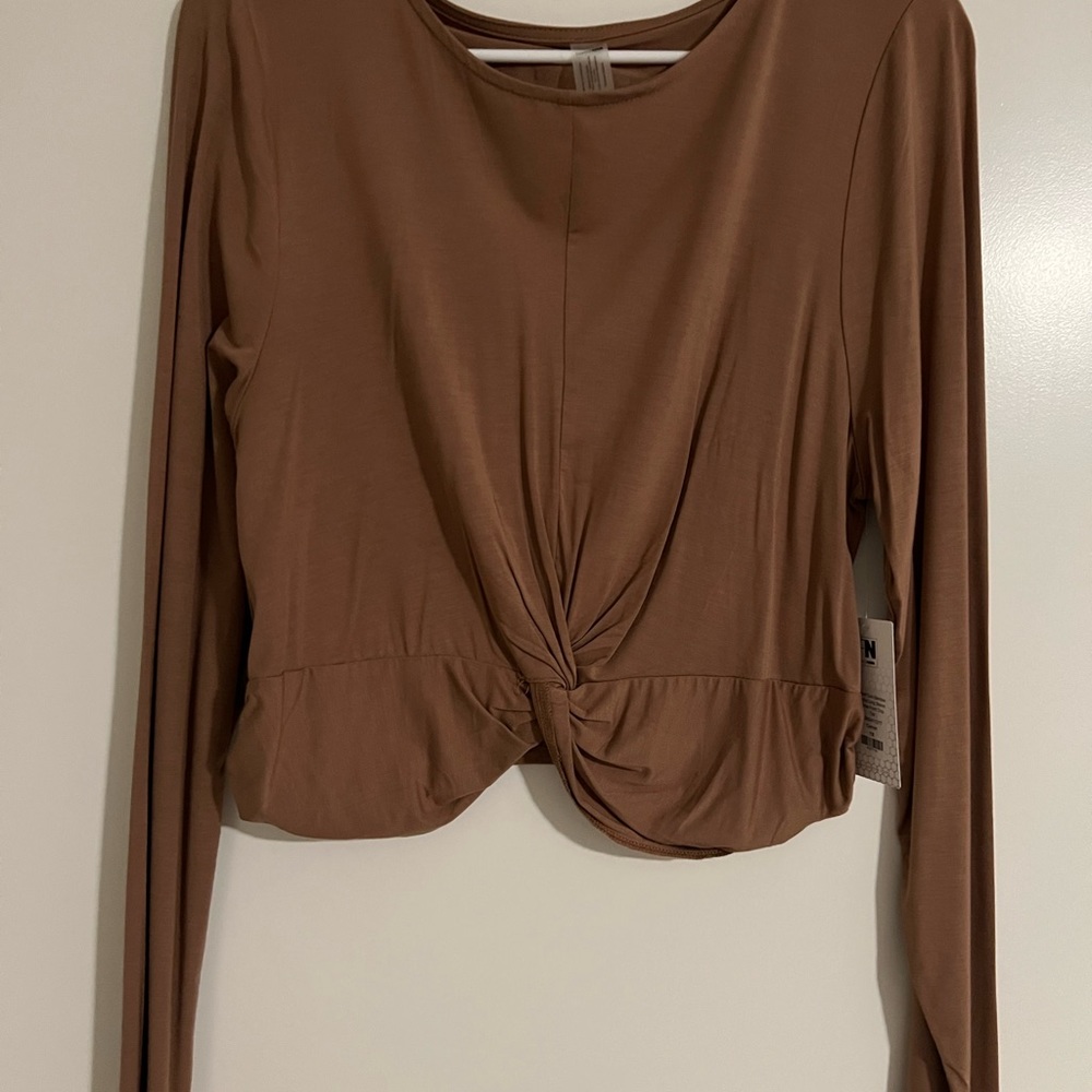 Fashion Nova Brown Tie Front Crop Blouse Long Sleeve